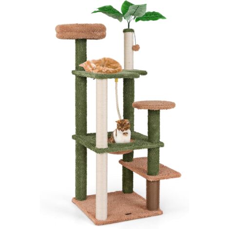 COSTWAY Albero per Gatti 152 CM, Tiragraffi per Gatti in Sisal con Posatoio in Peluche, Giocattolo Appeso, Autopulizia, Pianta Finta e Piattaforme di Salto, Centro Attività per Gattini