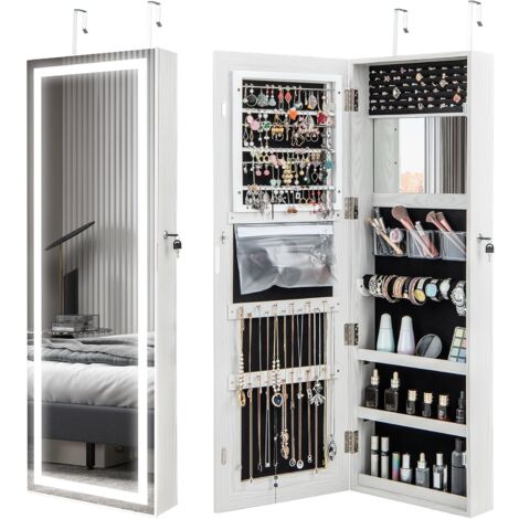 COSTWAY Armadietto Portagioie da Parete, Specchio Portagioie con Luci LED, Contenitore per Gioie Salvaspazio con Serratura e 3 Ripiani, Specchiera Portagioie a Muro, 40 x 12,5 x 120 cm