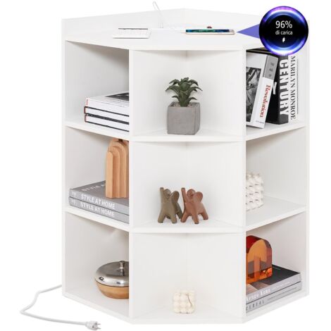 Scaffale angolare a 3 ripiani, libreria aperta a 4 ripiani Libreria con stazione di ricarica, porta USB e Type-C, 2 prese, 9 scomparti, per soggiorno, bianco