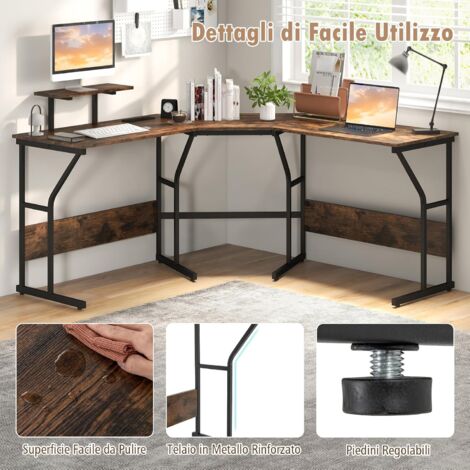 Scrivania Angolare Reversibile COSTWAY A L Con Presa USB E Supporto CPU – Marrone Rustico