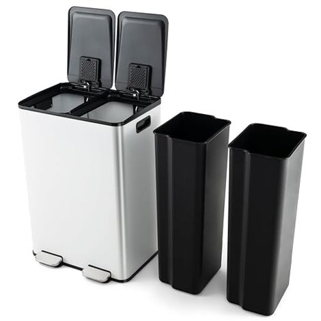 COSTWAY Pattumiera per Differenziata 2 Scomparti, Secchi Spazzatura Differenziata 2 x 30 L, Bidone con Coperchi a Chiusura Morbida, Acciaio Inox Anti-Impronte (Bianco)
