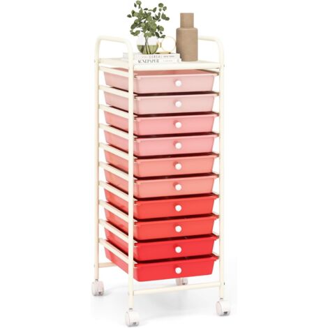 COSTWAY Carrello con 10 Cassetti da Stoccaggio, Cassettiera di Metallo e Plastica, Contenitore Multiuso con Ruote a Freno, per Casa e Ufficio (Rosa sfumata) (1/5)