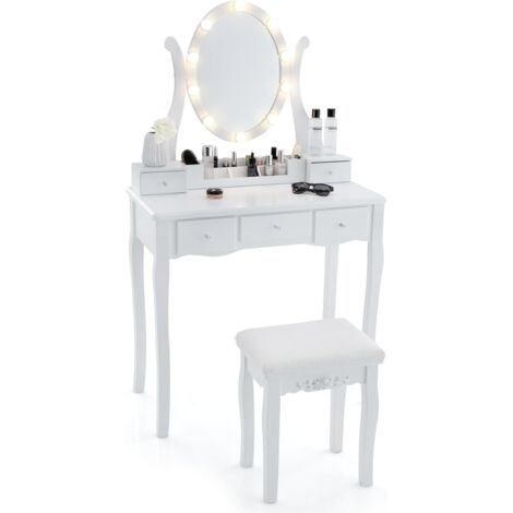 Toeletta Con Specchio LED COSTWAY - 5 Cassetti, Luminosit&agrave; Regolabile, Sgabello Imbottito, Nero