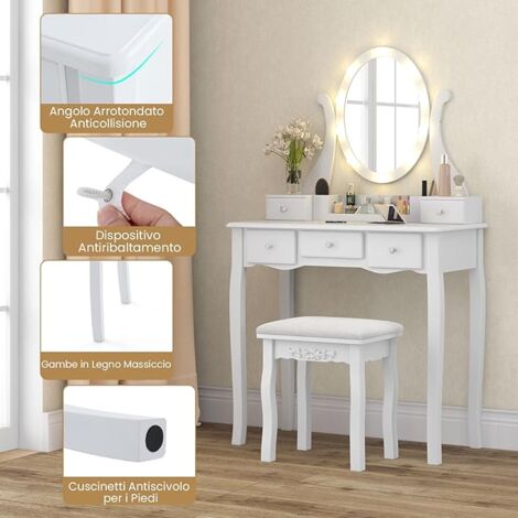 ZELIA tavolo da toilette bianco con 4 ripiani, specchio LED e sgabello