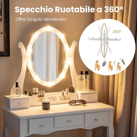 Tavolo da trucco a LED con specchio, luminosità regolabile e 3 colori, tavolo da toeletta con 3 cassetti, comoda seduta imbottita, mobili per camera da letto (bianco chiaro