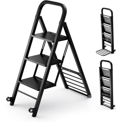 COSTWAY Scala a 3 Gradini Pieghevole con Ruote, 2 in 1 Scala e Carrello a Mano, Carrello a Mano con Ampie Pedane, Carrello Portapacchi a Scala in Metallo, Carico Massimo 250 kg