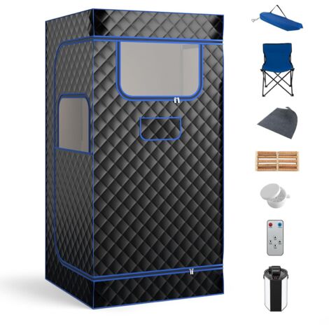COSTWAY Sauna a Vapore Portatile 3L, Sauna da Casa con 9 Livelli di Regolazione della Temperatura da 35-63℃, Telecomando, Sedia Pieghevole e Massaggiatore per Piedi in Legno (Nero)