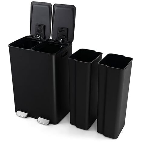 COSTWAY Pattumiera per Differenziata 2 Scomparti, Secchi Spazzatura Differenziata 2 x 30 L, Bidone con Coperchi a Chiusura Morbida, Acciaio Inox Anti-Impronte (Nero)