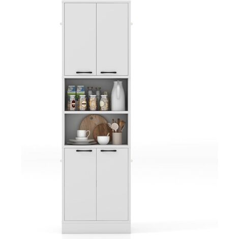 COSTWAY Credenza da Cucina Salvaspazio 56 x 30 x 190cm, Mobile Buffet Alto con 2 Armadi a Doppia Porta e 2 Mensole Aperte, Mobiletto Multiusuo per Soggiorno, Camera da letto e Bagno (Bianco)