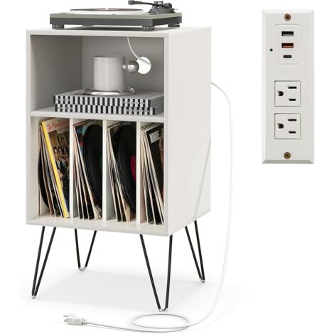 COSTWAY Supporto per Giradischi, Porta Vinili con 5 Scomparti di Archiviazione, Presa di Corrente e Porta USB e TYPEC, per Soggiorno, Camera da Letto e Ufficio, 48 x 40 x 88 cm (Bianco)