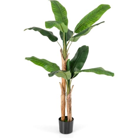 COSTWAY Albero di Banana Artificiale Alto 165/195 cm, Albero di Banana Finto con 10/27 Grandi Foglie, Steli Doppi/Triplici e Corteccia Naturale, Pianta in Vaso da Interno (165 cm)