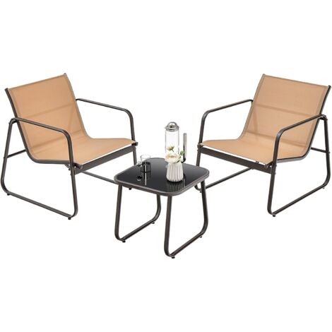 COSTWAY Set Tavolino e Sedie da Giardino, Set Bistrò 3 Pezzi, Set da Giardino in Metallo e Tessuto Textilene, Tavolino in Vetro Temperato, per Giardino, Cortile, Bordo Piscina (Marrone)
