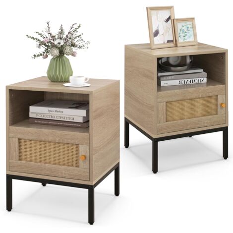 COSTWAY Comodino 40 x 40 x 57cm in Legno e Rattan, Tavolino in Stile Boemia con Ripiano Aperto, Armadietto e Gambe in Metallo, Mobile Moderno per Camera da Letto, Soggiorno e Salotto, Naturale