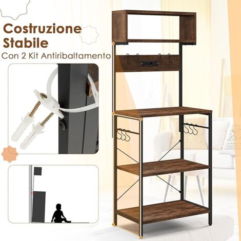 GIANTEX Scaffale Da Cucina 4 Livelli Con Presa Integrata - 59x34x136 Cm - Marrone Rustico
