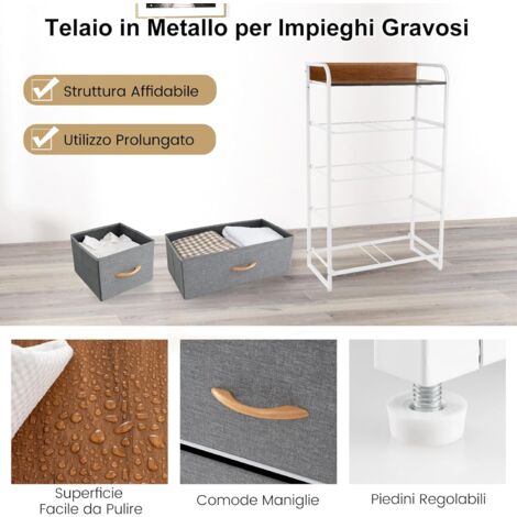 Cassettiera Alta A 7 Cassetti In Tessuto, Struttura Acciaio E Piano Legno, 60x30x116 Cm, Bianca - 2