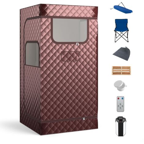 COSTWAY Sauna a Vapore Portatile 3L, Sauna da Casa con 9 Livelli di Regolazione della Temperatura da 35-63℃, Telecomando, Sedia Pieghevole e Massaggiatore per Piedi in Legno (caffè)