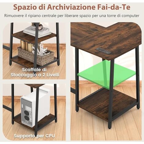 Scrivania per computer a forma di L con ripiani per piccoli