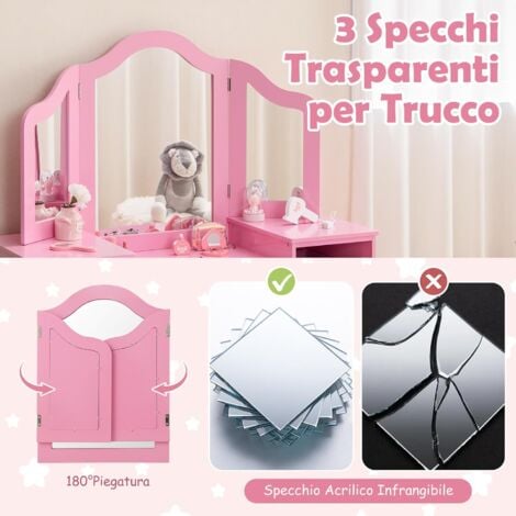 Toeletta Trucco Bambina COSTWAY 2 In 1 - Con Specchio, Cassetto E Sgabello, Legno Bianco 50x34x93cm - Foto 8