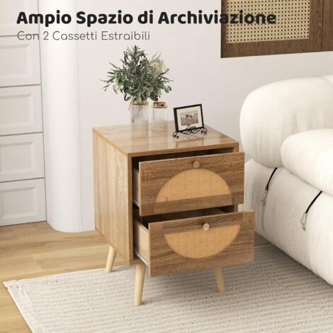 ChooChoo Set Di 2 Comodini Boho In Rattan E Legno Bianco: Con Stazione Di Ricarica USB E 2 Cassetti, Tavolino Salvaspazio Per Camera Da Letto E Soggiorno (38x28.5x60cm) - copertina