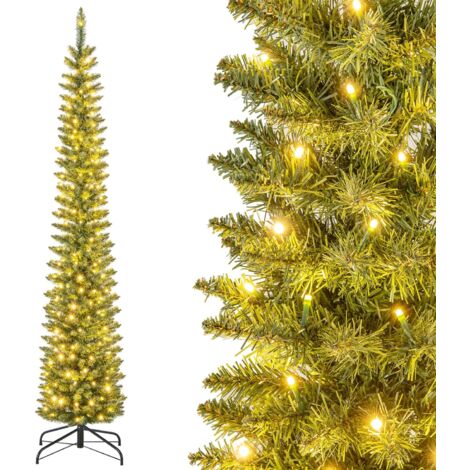 COSTWAY Albero di Natale Slim da 150/180/210 CM, Albero di Natale Artificiale con 296/390/499 Punte di Ramo, 150/180/200 Luci LED Bianche Calde, Supporto Pieghevole in Metallo (210 cm) (1/5)