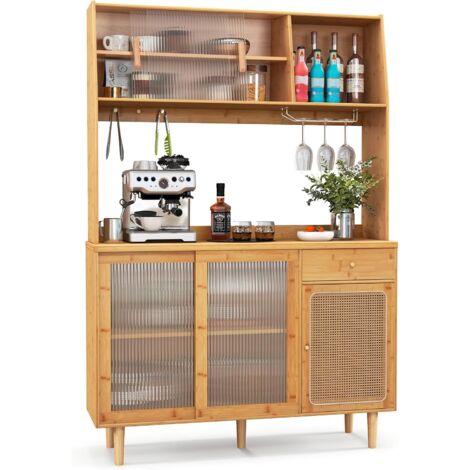 COSTWAY Armadietto da Cucina a 3 Ripiani con 2 Ante in Acrilico Trasparente, Credenza Espositore in Bambù Salvaspazio, Libreria Vetrina per Studio e Soggiorno, 49,5 x 40 x 130 cm, Naturale