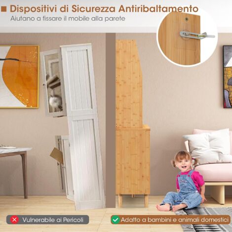 Armadio Credenza COSTWAY In Bambù E Acrilico | 3 Ripiani Con 2 Ante | 49,5x40x130 Cm | Vetrina Espositore Per Cucina, Soggiorno, Studio - 2