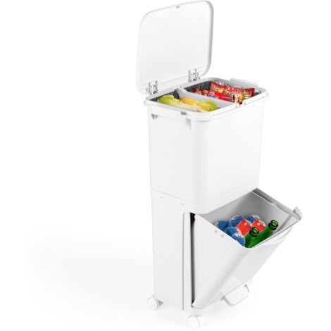 COSTWAY 40L Pattumiera a 2 Livelli, Bidone per Spazzatura con Cestino Inclinato, 4 Ruote e Adesivi, Pattumiera in Plastica a Pedale per Cucina Sala da Pranzo Soggiorno
