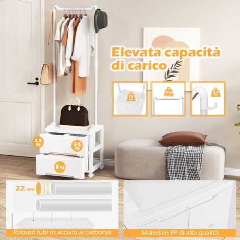 Appendiabiti Con Ruote E 3 Cassetti - Stand Per Vestiti Con Ganci, Per Ingresso O Camera, Bianco, Design Salvaspazio