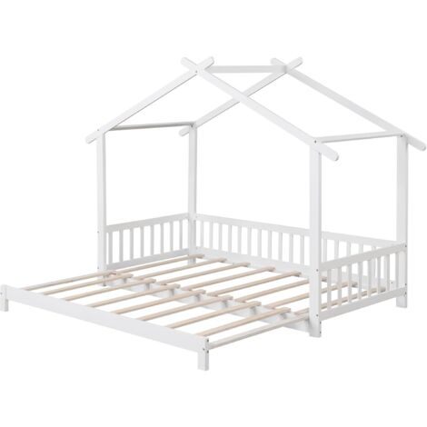 Letto A Baldacchino Twin Size Montessori Con Sponde Di Sicurezza - Struttura In Legno Di Pino, Naturale, Con 4 Montanti Per Tenda