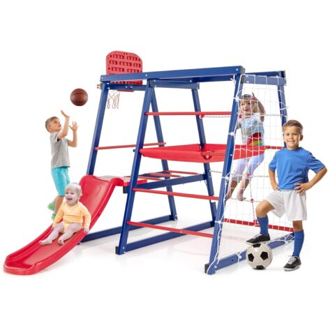 COSTWAY 7 in 1 Parco giochi Arrampicata Bambino con Scivolo & Cestino da Pallacanestro, Giocattolo Arrampicata Montessori con 2 Piattaforma, Interno Esterno, Carico 120kg per Bambini 3-7 Anni