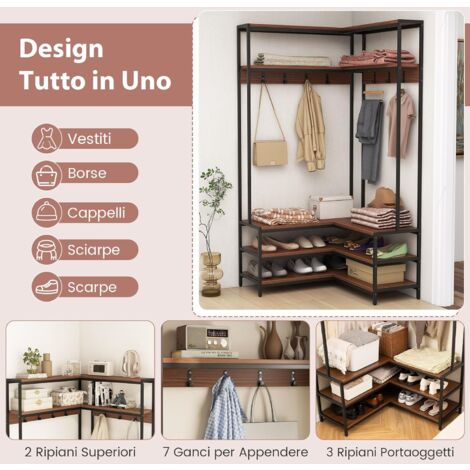 Appendiabiti Autoportante Tribesigns Con Cassetti E 5 Ripiani | Struttura In Acciaio E Finitura Rustica Marrone | 180x105x40 Cm | Camere E Cabine Armadio
