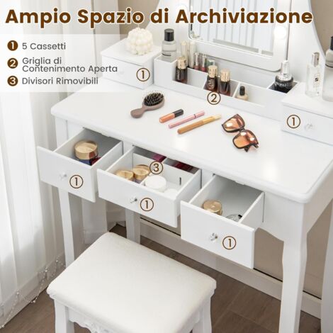 Set tavolo da toeletta in marmo, tavolo da trucco con specchio a luminosità regolabile e sgabello imbottito, tavolo da toeletta per camera da letto con cassetti portaoggetti con binario sile