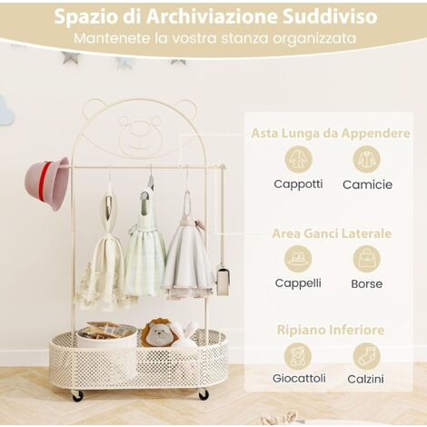 Appendiabiti Regolabile Per Bambini Con Ruote E Ripiani - Armadio Portatile Con Ganci Per Camera E Giochi - 4