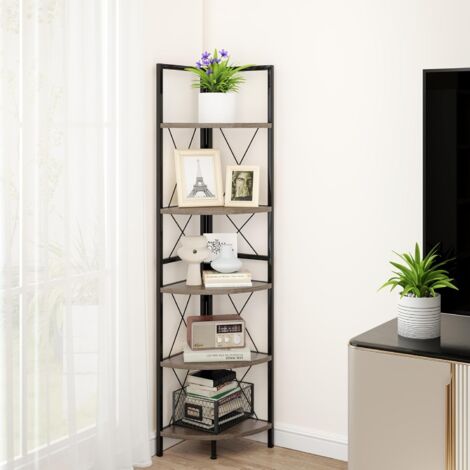 COSTWAY Scaffale Angolare, Libreria Industriale Angolare a 5 Ripiani con Struttura in Metallo, per Soggiorno Ufficio Cucina Spazi Piccoli, 35,5x35,5x159,5 cm (Grigio Rovere)