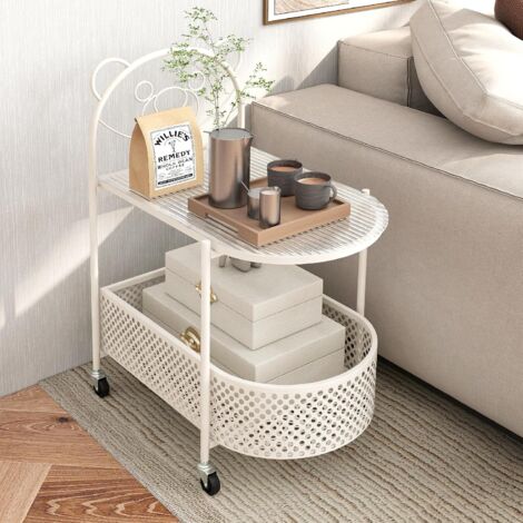 COSTWAY Tavolino da Caffè in Vetro a 2 Livelli, Tavolino Laterale con Ruote Bloccabili, Motivo Orso e Cesta di Stoccaggio, Tavolino per Salotto, Camera da Letto e Studio (Bianco) (1/5)