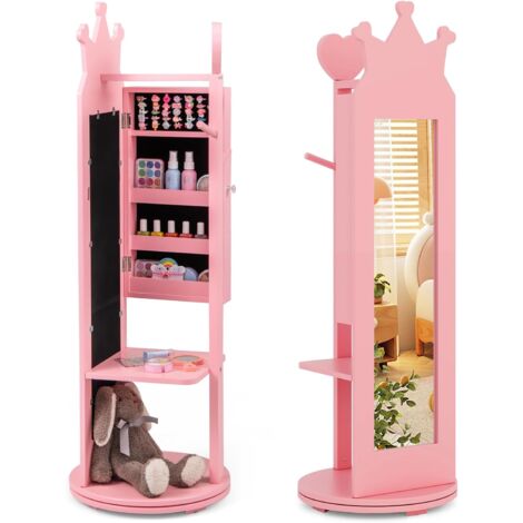 COSTWAY Armadio Portagioie per Bambini 36 x 36 x 112cm, Specchio da Terra a Forma di Corona con Ganci, Ripiani e Base Girevole, Toeletta per Cameretta (Rosa)