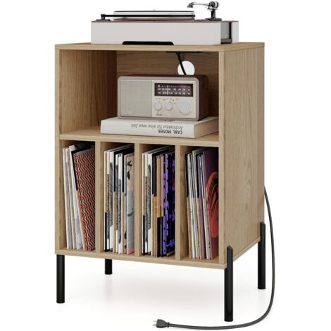 COSTWAY Supporto per Giradischi, Porta Vinili con 5 Scomparti di Archiviazione, Presa di Corrente e Porta USB e TYPEC, Gambe in Metallo, per Soggiorno, Camera da Letto e Ufficio (Naturale) (1/5)
