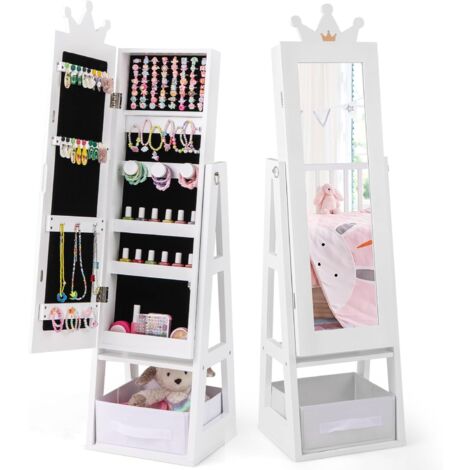 COSTWAY Armadio Portagioie 3 in 1 per Bambini 31,5 x 30 x 115cm, Specchio a Forma di Corona con Ganci, Ripiano e Cassetto in Tessuto, Toeletta per Cameretta (Bianco) (1/5)