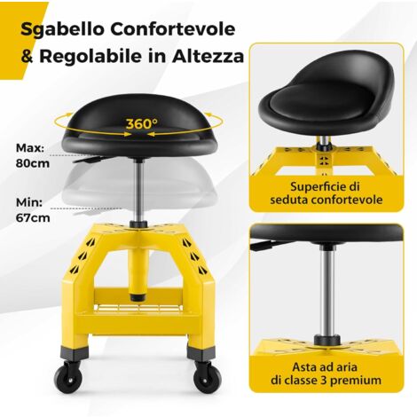 Sgabello Rotante Garage Portata 150kg Sgabello Da Officina Con Ruote Con Ripiano Per Attrezzi E Viti Portata Di 150 Kg Altezza Regolabile E Girevole Sedia Meccanico Per Garage Officina Giallo Sgabello Regolabile