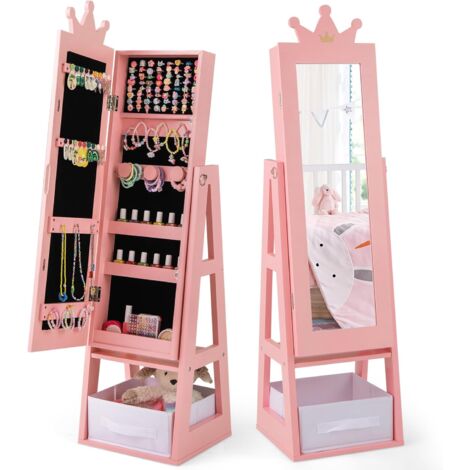 COSTWAY Armadio Portagioie 3 in 1 per Bambini 31,5 x 30 x 115cm, Specchio a Forma di Corona con Ganci, Ripiano e Cassetto in Tessuto, Toeletta per Cameretta (Rosa)
