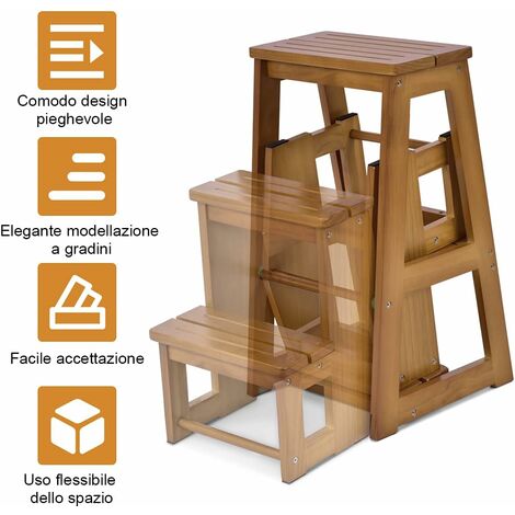 COSTWAY Sgabello Scaletta Gradini in Legno di Pino, Sgabello