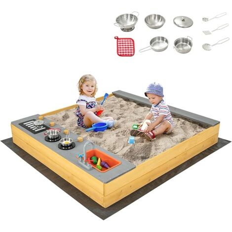 COSTWAY Sabbiera in Legno per Bambini, Sabbiera per Esterni con Rivestimento Inferiore Accessori e Panca, per Bambini di 3-8 Anni, 135x125x20 cm