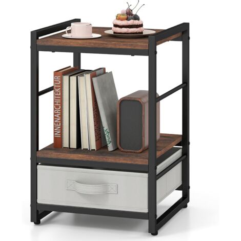 COSTWAY Tavolino da Salotto in Legno e Metallo, Tavolino Quadrato da Divano con Mensola Aperta e Cassetto in Tessuto, Tavolino da Caffè per Soggiorno e Camera da Letto,40 x 40 x 60,5 cm (1/5)