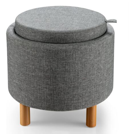 COSTWAY Pouf Rotondo con Contenitore e Vassoio, Poggiapiedi Imbottito con Base in Legno e Piedini Antiscivolo, Tavolino da Caffè per Soggiorno, Camera da Letto (Grigio)