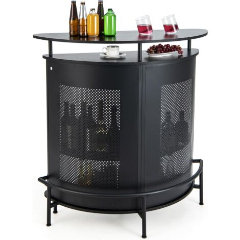 COSTWAY Tavolo Bar Semicircolare 110,5 x 48 x 112,5cm, Bancone Bar a 4 Ripiani con Scaffali di Stoccaggio e 3 Supporti per Calici, Piano Curvo, Fronte in Metallo Perforato e Poggiapiedi, Nero