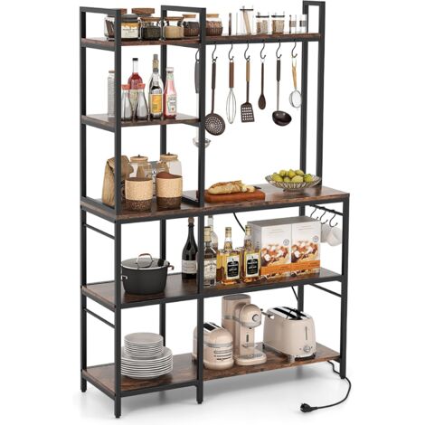 COSTWAY Scaffale da Cucina su 5 Ripiani, Scaffale per Microonde con Multipresa, Mensola da Cucina Struttura in Metallo con 10 Ganci, per Sala Pranzo e Pannettiera, 107 x 37 x 160 cm, Marrone Vintage (1/5)