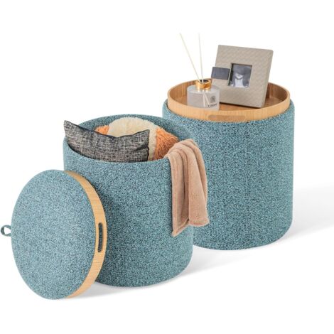 COSTWAY Set di 2 Pouf Contenitore, Pouf Rotondi Imbottiti da 41L+25L, con Vassoio Reversibile, Sgabello Contenitore Multifunzionale per Soggiorno, Camera da Letto, Portata 160 kg