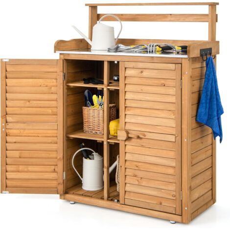 COSTWAY Casetta da Giardino in Legno, Armadio da Esterno con Piano di Lavoro in Metallo Zincato, 3 Ganci e Ripiani Rimovibili e Ante a Doghe, Capanni da Esterno per Giardino, Patio e Cortile