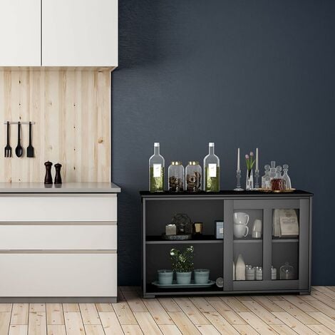 COSTWAY Armadietto da Cucina Mobile Laterale Multiuso con Ante Scorrevoli, in MDF e Vetro, 106,5 x 33 x 62,5 cm (Nero)