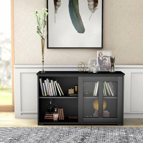 COSTWAY Armadietto da Cucina Mobile Laterale Multiuso con Ante Scorrevoli, in MDF e Vetro, 106,5 x 33 x 62,5 cm (Nero)